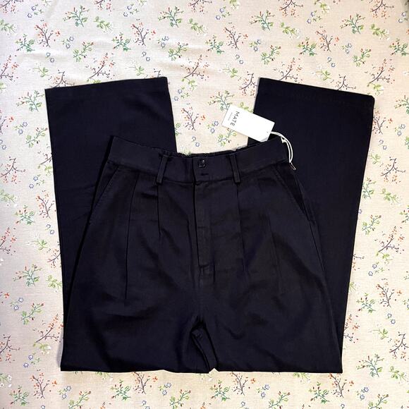 MATE the Label Tencel Twill Pleated Pants Trousers Black Medium High Rise Cotton - Picture 2 of 8
